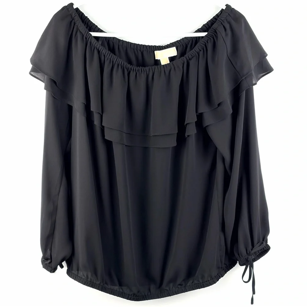Michael Kors Black Off Shoulder Ruffle Blouse Boho Peasant Top L
